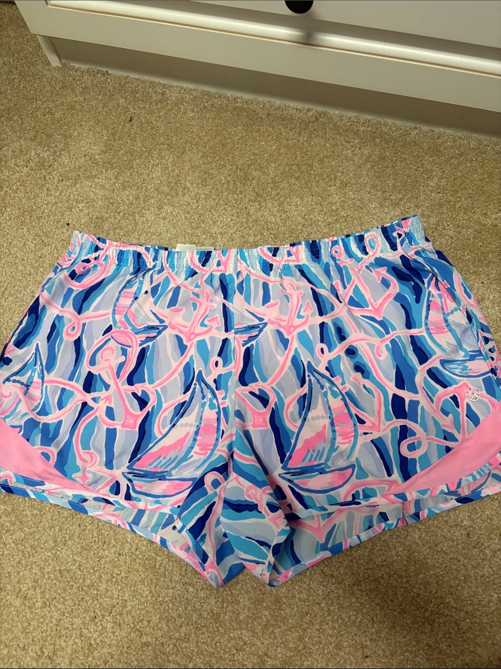 Lilly Pulitzer Luxletic Pink & Blue Sailboat Print Athletic Shorts